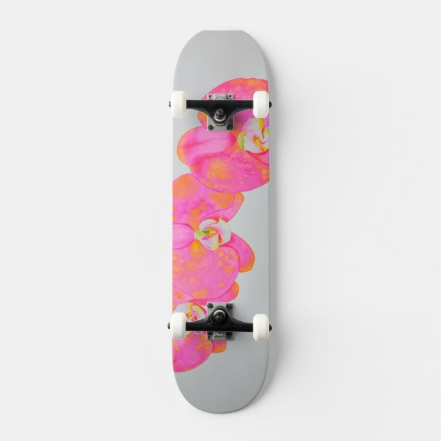 Pink watercolor Orchid painting Skateboard (Front)