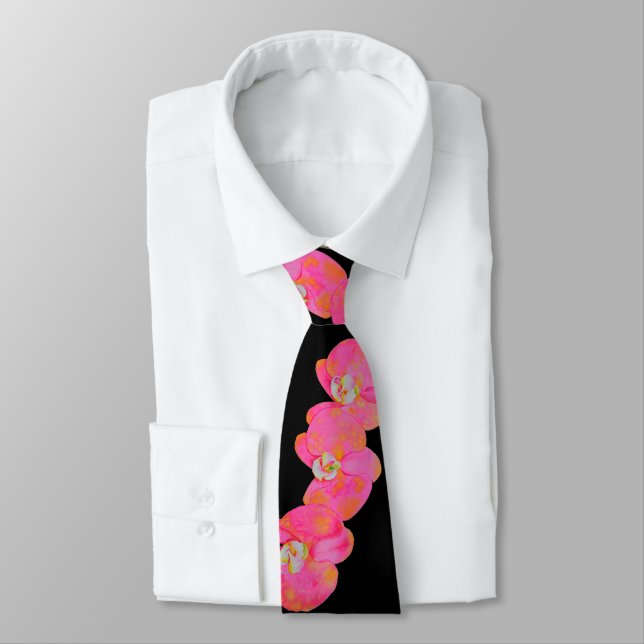 Pink watercolor Orchid painting Tie (Tied)