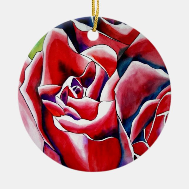Pink watercolor original art roses ceramic ornament (Front)