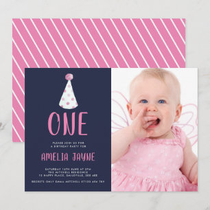 Pink Watercolor Party Hat 1st Birthday Party Photo Invitation