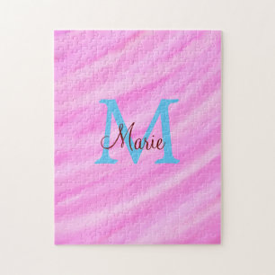 Pink watercolor pastel add title monogram letter  jigsaw puzzle
