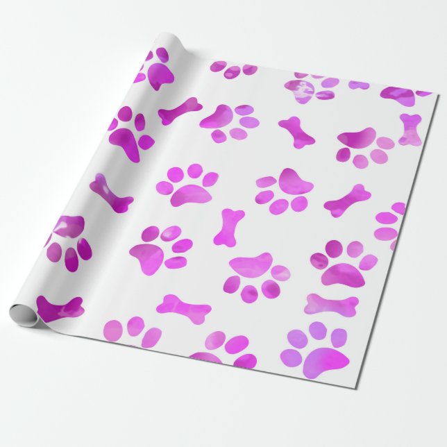 Pink Watercolor Paw Prints Birthday Wrapping Paper (Unrolled)