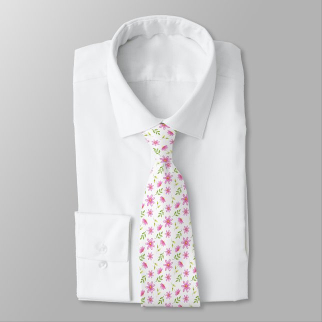 Pink Watercolor, Pen and Ink Daises Pattern   Tie (Tied)