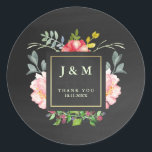 Pink Watercolor Peonies and Chalkboard for Wedding Classic Round Sticker<br><div class="desc">These beautiful peonies are done in watercolor style,  and feature a faux gold foil frame border right in the middle. The background has a faded black chalkboard look. Personalize easily with your initials,  wedding date,  and message.</div>