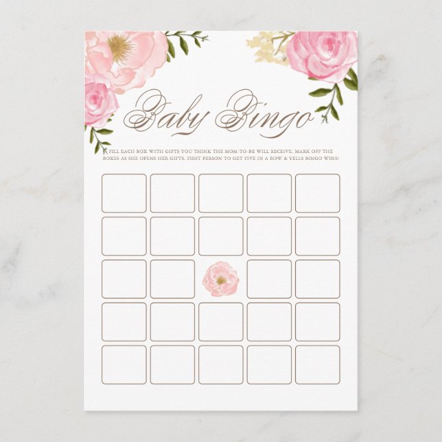 Pink Watercolor Peonies Baby Shower Bingo Game Enclosure Card (Front)