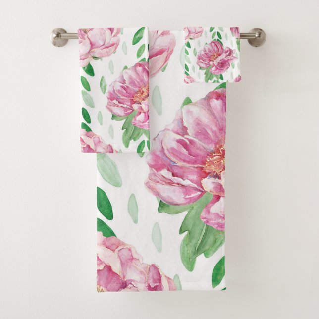 Pink  Watercolor Peonies Bath Towel Set (Insitu)