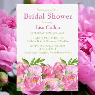 Pink Watercolor Peonies Bridal Shower Elegant Invitation