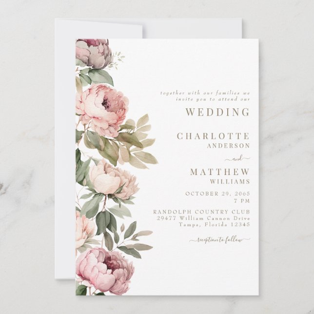Pink Watercolor Peonies Elegant Wedding Gold Text Invitation (Front)
