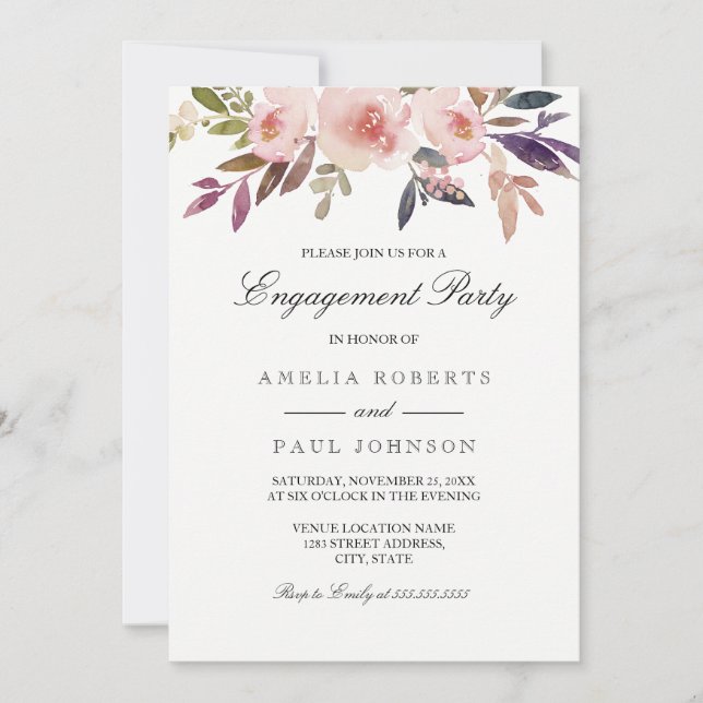 Pink Watercolor Peonies Engagement Invitation (Devant)
