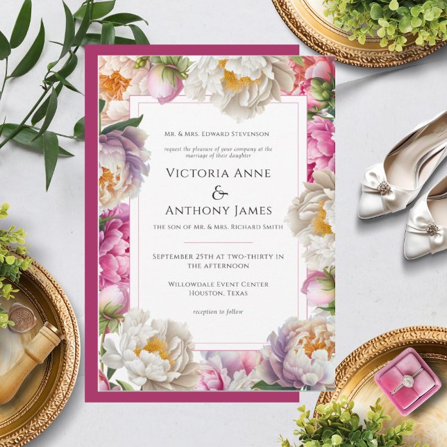 Pink Watercolor Peonies Floral Modern Wedding Invitation (Creator Uploaded)