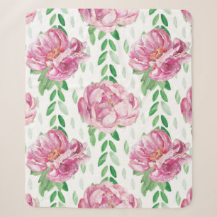 Pink Watercolor Peonies Sherpa Blanket