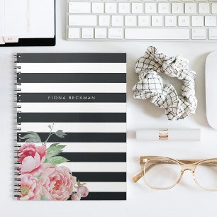 Pink Watercolor Peony & Charcoal Stripe Notebook