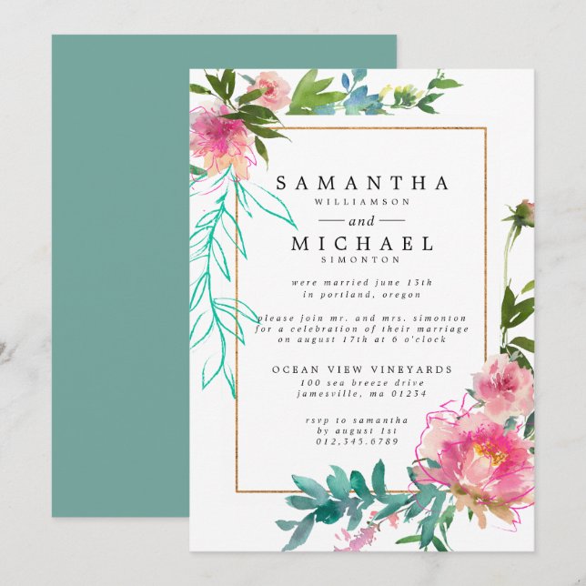 Pink Watercolor Peony Floral Elopement Reception Invitation (Front/Back)