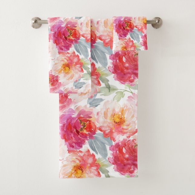 Pink Watercolor Peony Flower Pattern Bath Towel Set (Insitu)