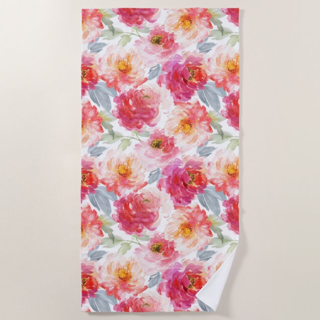 Pink Watercolor Peony Flower Pattern Beach Towel (Front)