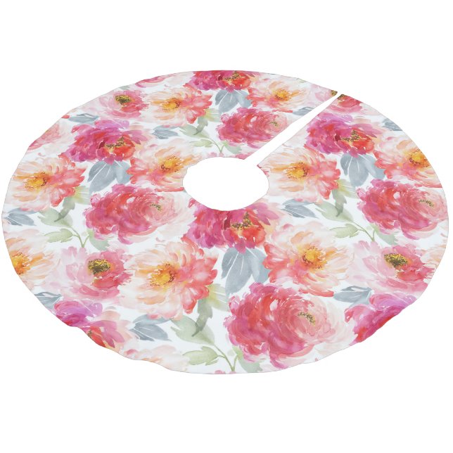 Pink Watercolor Peony Flower Pattern Brushed Polyester Tree Skirt (Angled)