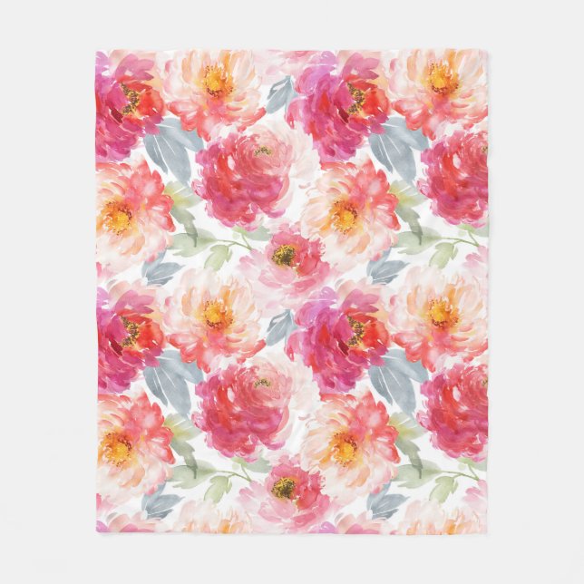 Pink Watercolor Peony Flower Pattern Fleece Blanket (Front)