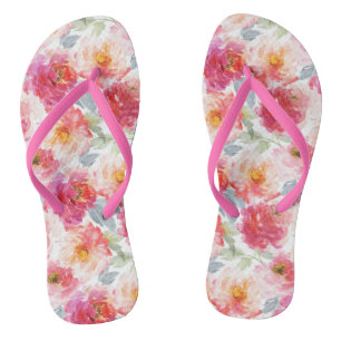 Pink Watercolor Peony Flower Pattern Flip Flops