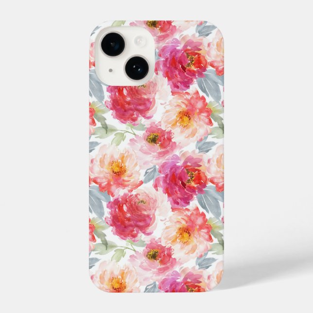 Pink Watercolor Peony Flower Pattern iPhone Case (Back)