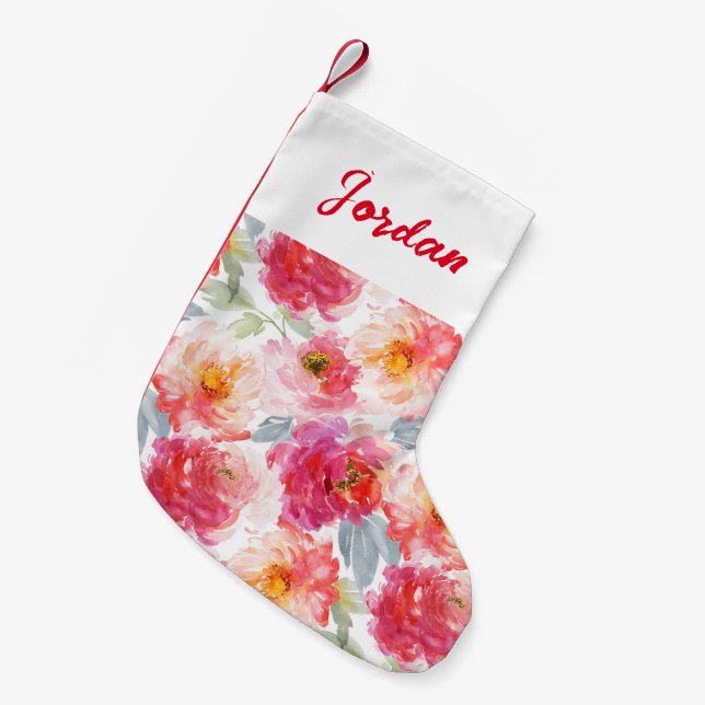 Pink Watercolor Peony Flower Pattern Small Christmas Stocking (Front (Hanging))