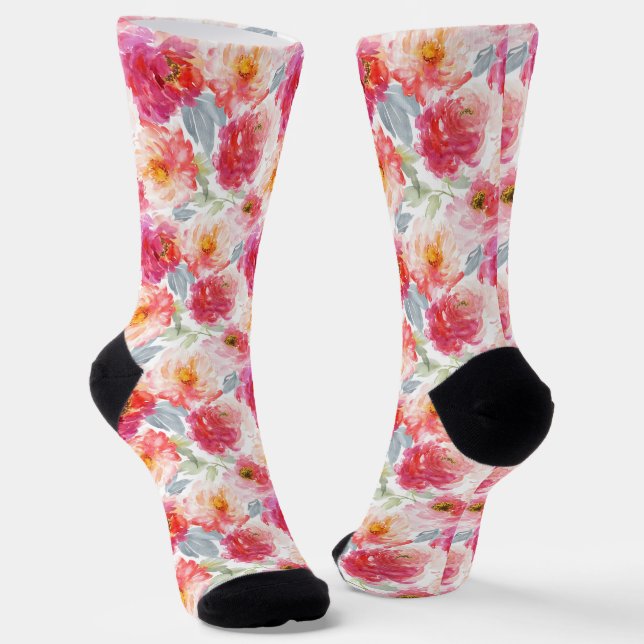 Pink Watercolor Peony Flower Pattern Socks (Angled)