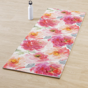 Pink Watercolor Peony Flower Pattern Yoga Mat
