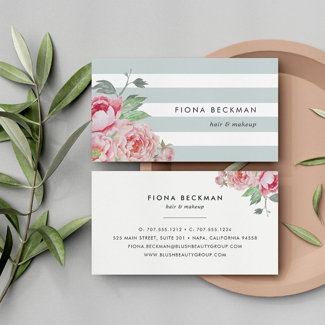 Pink Watercolor Peony & Mint Stripe Business Card (Creator Uploaded)