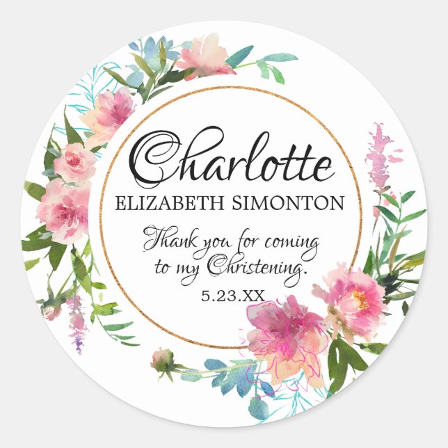 Pink Watercolor Peony Personalized Christening Classic Round Sticker (Front)