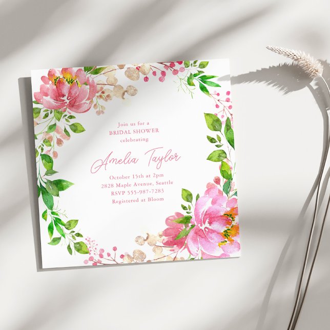 Pink Watercolor Peony Wreath Bridal Shower Invitation (Creator Uploaded)