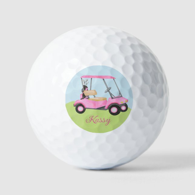 Pink Watercolor Personalized Golf Cart Golf Balls (Front)