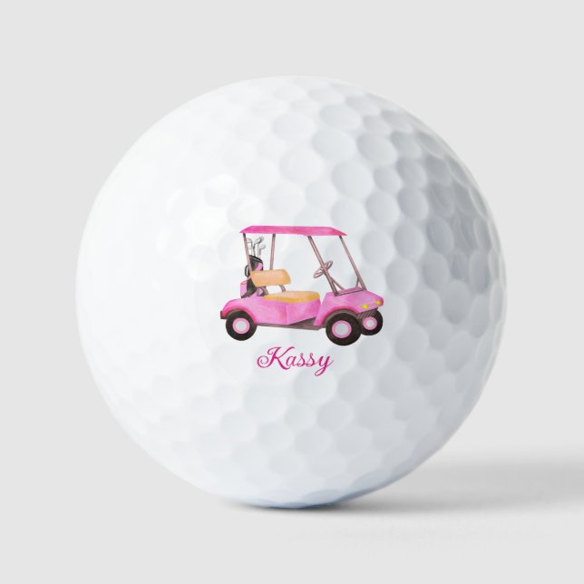 Pink Watercolor Personalized Golf Cart Golf Balls (Front)