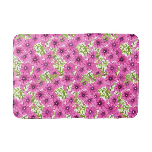 Pink watercolor petunia flower pattern bath mat (Front)