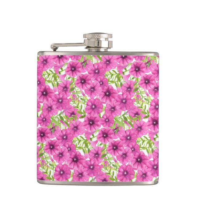 Pink watercolor petunia flower pattern hip flask (Front)