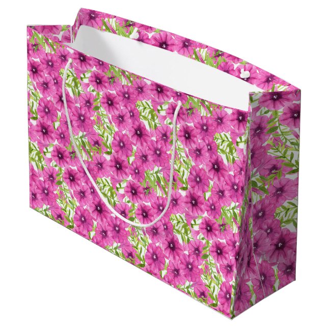 Pink watercolor petunia flower pattern large gift bag (Back Angled)