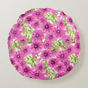 Pink watercolor petunia flower pattern round pillow