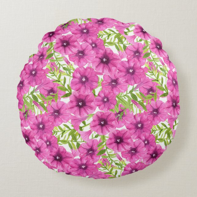 Pink watercolor petunia flower pattern round pillow (Front)