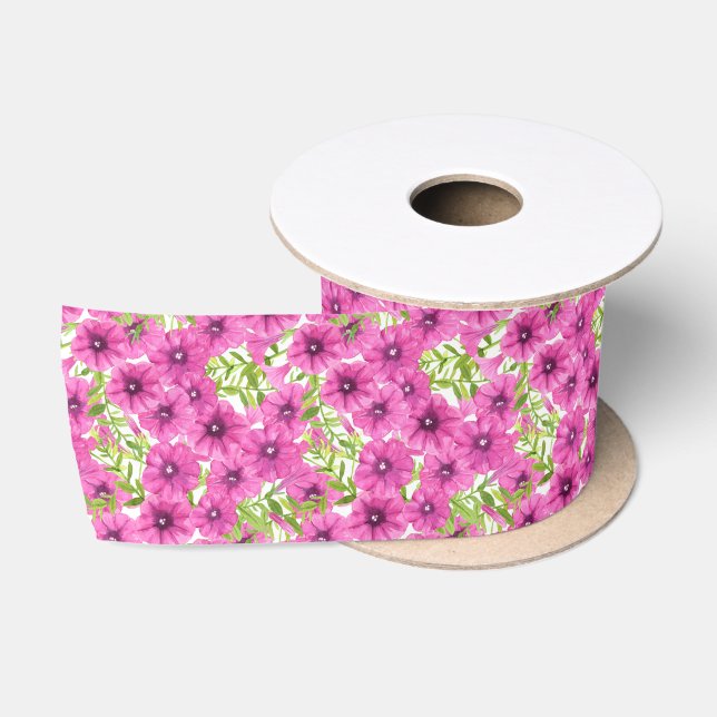 Pink watercolor petunia flower pattern satin ribbon (Spool)