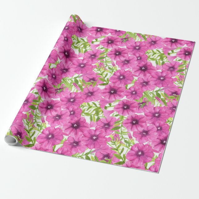 Pink watercolor petunia flower pattern wrapping paper (Unrolled)