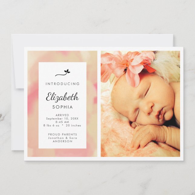 Pink Watercolor Photo Girl Faire-part de naissance (Devant)