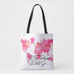 Pink Watercolor Places She Will Go Quote World Map Tote Bag