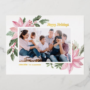 Pink Watercolor Poinsettia Frame Photo Foil Holiday Postcard