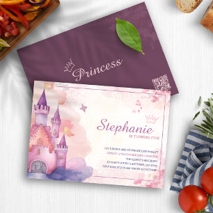 Pink Watercolor Princess Castle Birthday Party Invitation