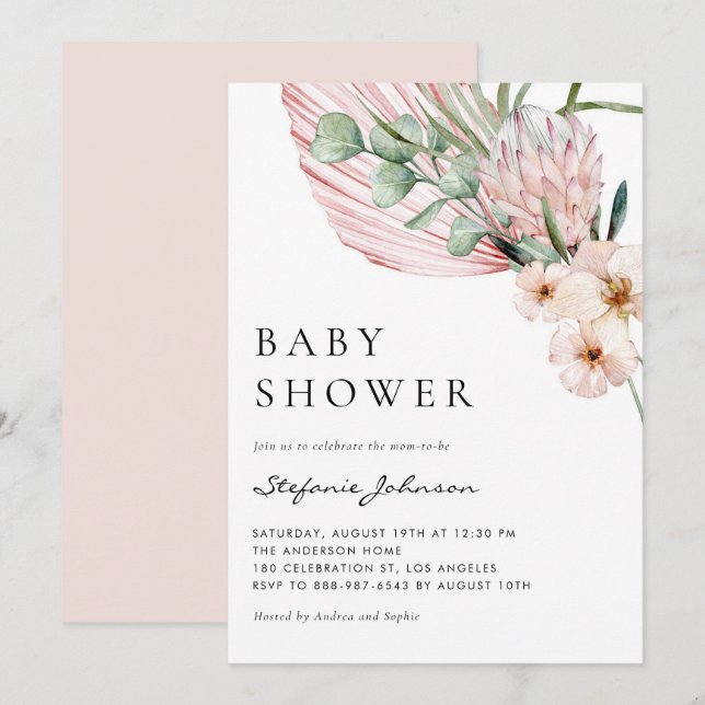 Pink Watercolor Protea Tropical Baby Shower Invitation (Front/Back)
