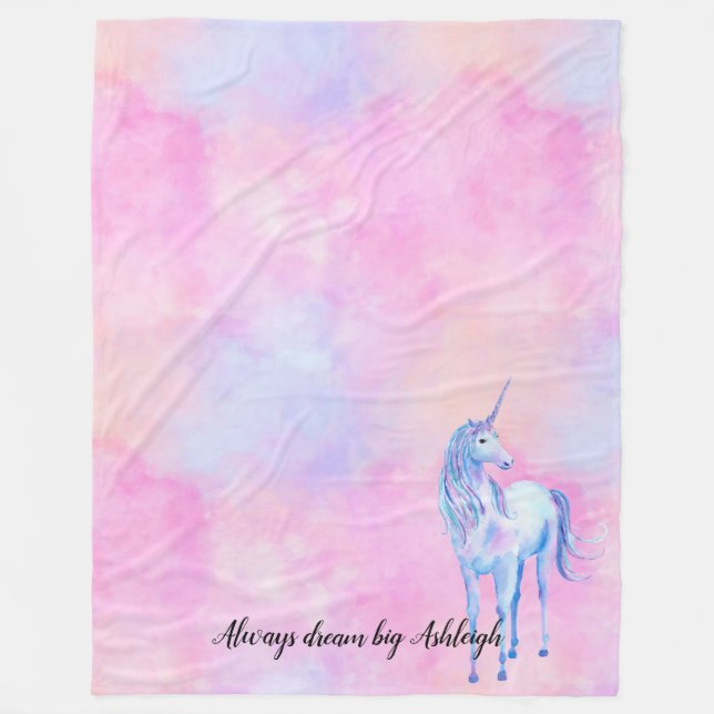 Pink Watercolor Purple Unicorn Fleece Blanket (Front)