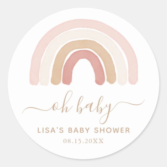 Pink Watercolor Rainbow Baby Shower Classic Round Sticker (Front)