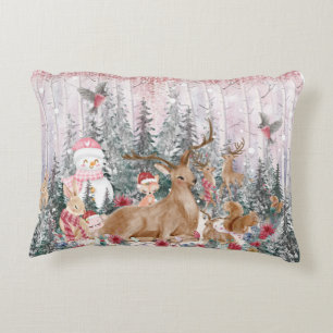 Pink Watercolor Reindeer, Snowman Merry Christmas Accent Pillow