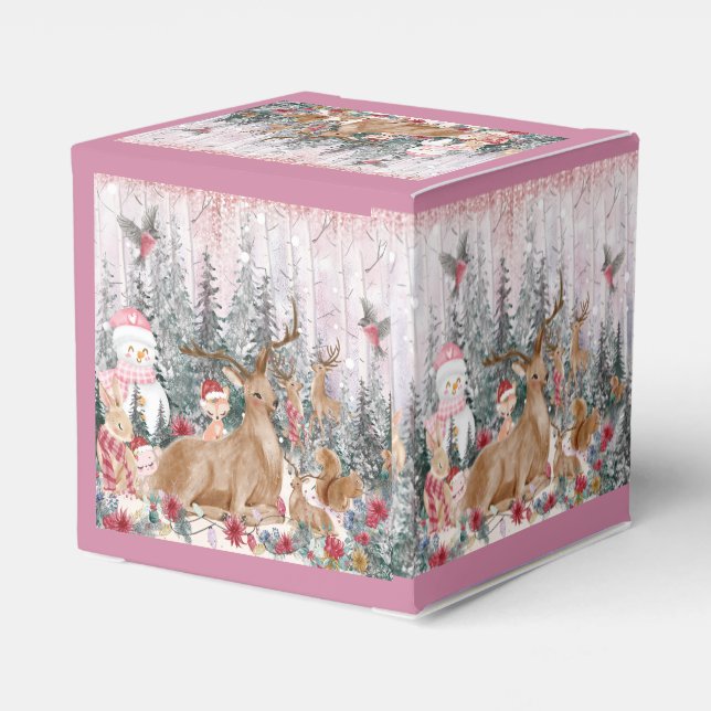 Pink Watercolor Reindeer, Snowman Merry Christmas Favor Box (Back Side)