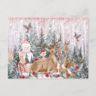 Pink Watercolor Reindeer, Snowman Merry Christmas Holiday Postcard