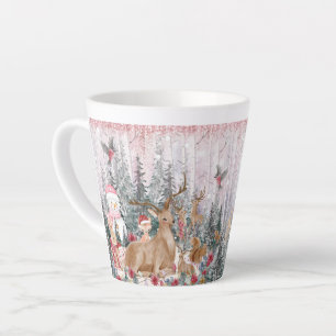 Pink Watercolor Reindeer, Snowman Merry Christmas Latte Mug
