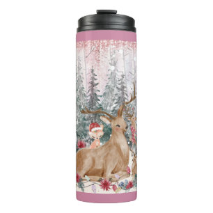 Pink Watercolor Reindeer, Snowman Merry Christmas Thermal Tumbler